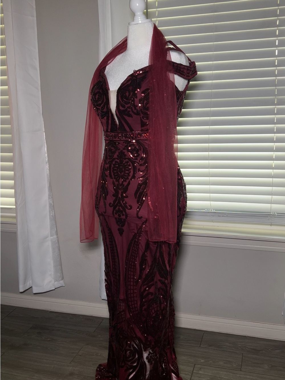 One-Shoulder Burgundy Sequin Evening Dress - Women Dresses